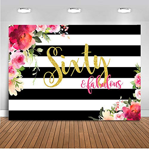 Mehofoto Sixty and Fabulous Backdrop Flower Stripes 60th Birthday Photography Background 7x5ft Vinyl Women 60th Birthday Party Banner Backdrops