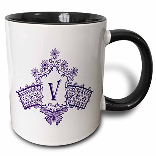 3dRose 238918_4 Monogram Initial V in Purple Diadem with Butterfly Detail Ceramic Mug, 11oz, Black/White