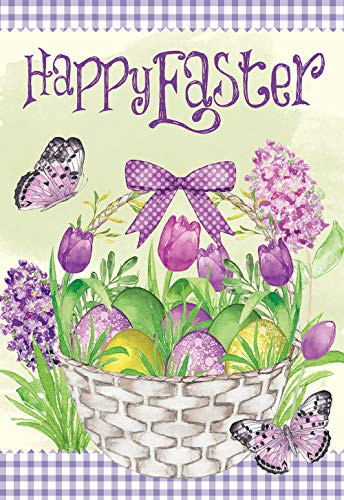 Texupday Happy Easter Basket Eggs with Butterflies Tulips Floral Decoration Double Sided Spring House Flag Outdoor Yard Flag 28" x 40"