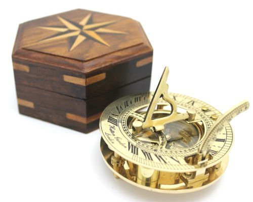 Nautical Solid Brass Round Sundial Compass with Design Rosewood Box, Brass