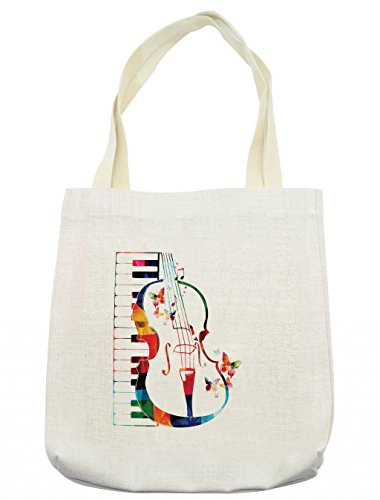 Lunarable Violoncello Tote Bag, Cello and Keyboard with Butterflies Flowers Music Notes Harmony Celebration, Cloth Linen Reusable Bag for Shopping Books Beach and More, 16.5" X 14", Cream