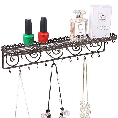 MyGift Wall Mounted Metal Jewelry & Cosmetics Display Shelf with 25 Necklace Hooks and Scrollwork Design, Brown