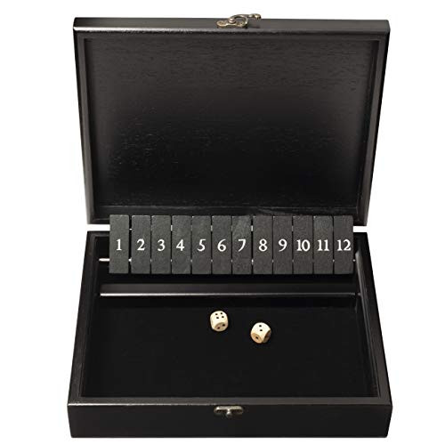 WE Games Shut The Box Game with 12 Numbers in an Old World Styled, Black Stained Wood Box with a Lid and a Brass Latch