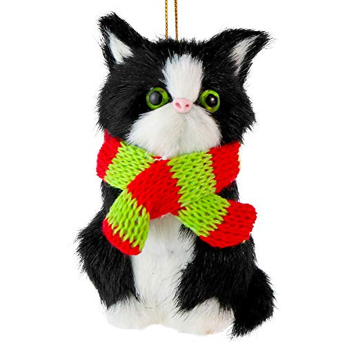 Ornativity Christmas Mini Cat Ornament - Furry Black Kitten with Scarf Holiday Tree Hanging Decoration