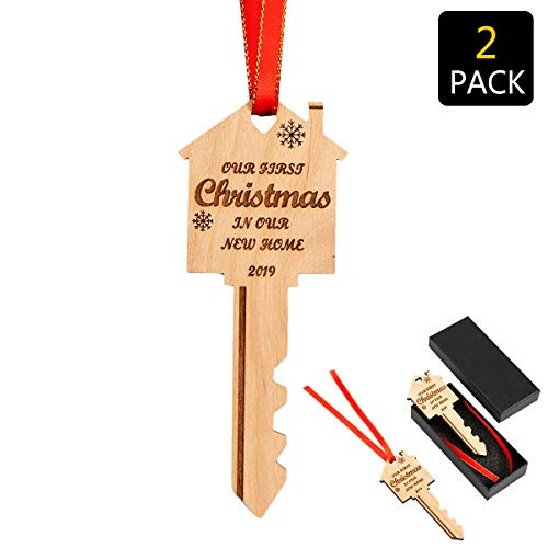 PAMASE 2 Pcs Our First Christmas in Our New Home Wooden Key with Gift Box and Gold Ribbons- 2019 Wood Christmas Ornament Our First Home Key Christmas Gift for Housewarming Holiday Decoration