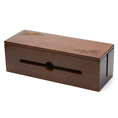 Changsuo Cable Management Box Wooden Cord Organizer Box for Extension Cord Power Stripe Surge Protector Wire Management Concealer Organizer Cover Hider for Desktop Home Office Kitchen (Dark Brown)