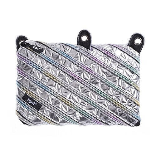 ZIPIT Metallic 3-Ring Pencil Case, Silver-Rainbow