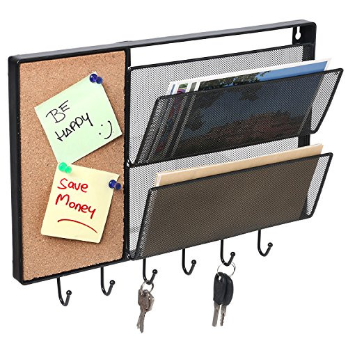 MyGift 15-Inch Wall-Mounted Black Mesh Metal Storage Rack, Hanging Mail Sorter with Cork Memo Board & 6 Key Hooks