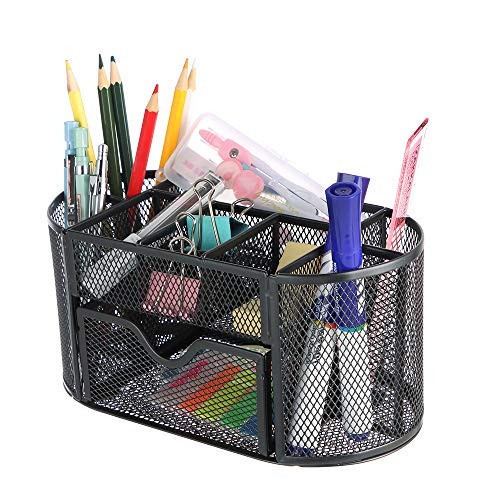 Desk Organizer, Pencil Holder, Desk Mesh Organizer with 9 Compartments Multi-Functional Stationery Caddy Mesh Oval for Office School Home (Black)