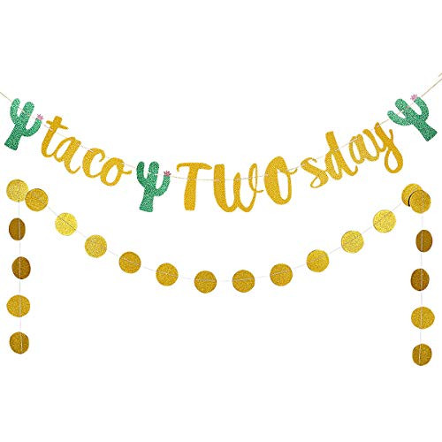 Gold Glittery Taco TWOsday Banner and Gold Glitter Circle Dots Garland- Mexican Fiesta Birthday Party Decorations 2nd Birthday Supplies