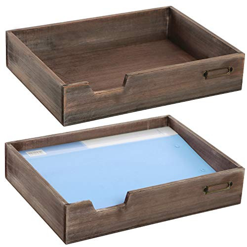 MyGift Set of 2 Vintage Distressed Finish Brown Wood Office Desktop Document Tray
