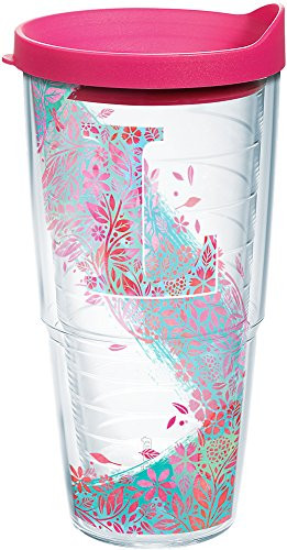 Tervis 1240122 INITIAL-L Botanical Insulated Tumbler with Wrap and Fuschia Lid, 24oz, Clear