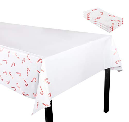 Juvale Christmas Plastic Tablecloth - 3-Pack 54 x 108-Inch Rectangular Disposable Table Cover, Perfect for Holiday Buffet Banquet or Long Picnic Tables, Festive Candy Cane Design, White, 4.5 x 9 Feet