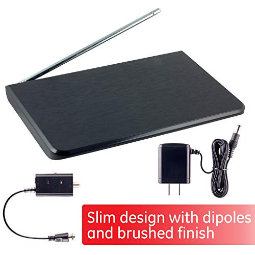 GE Pro Flat Indoor Amplified TV Antenna, 40 Mile Antenna, Slim Router Style, Supports 4K 1080P VHF UHF Digital HDTV Antenna, Smart TV Compatible, Black, 34342