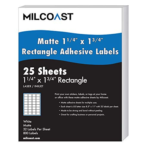 Milcoast White Adhesive 1.25" x 1.75" Rectangle Shaped Labels - for Laser/Inkjet Printers - 800 Labels (25 Sheets)
