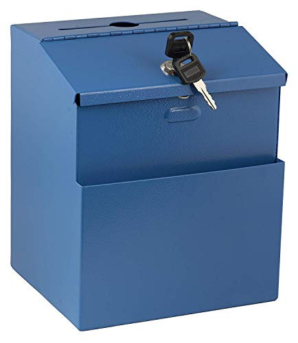 Wall Mountable Steel Suggestion Box with Lock Donation Box Collection Box Ballot Box Key Drop Box with 25 Suggestion Cards (Blue)