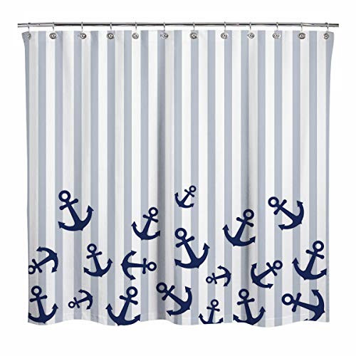 Sunlit Design Nautical Themed with Blue Ship's Anchor and Gray Stripes Fabric Shower Curtain, Modern Style Bathroom Decoration Curtains, Navy