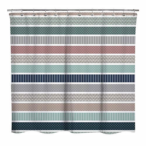Sunlit Design Colorful Stripes Fabric Shower Curtain with Bohemian Detail Patterns, Modern Style Bathroom Decoration Curtains