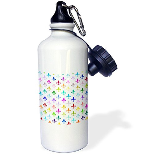 3dRose wb_120181_1"Rainbow fleur de lis pattern colorful classic design multicolor on white multicolored patterns" Sports Water Bottle, 21 oz, White