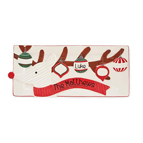 Mud Pie 4075160R Personalizable Reindeer Serving Tray, One Size, White/Red/Green