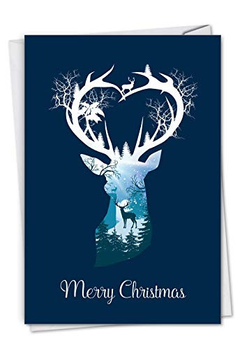 The Best Card Company Reindeer Silhouette - Merry Christmas Greeting Card with Envelope (4.63 x 6.75 Inch) - Christmas Colored Reindeer Patterned in Wilderness C2921AXSG