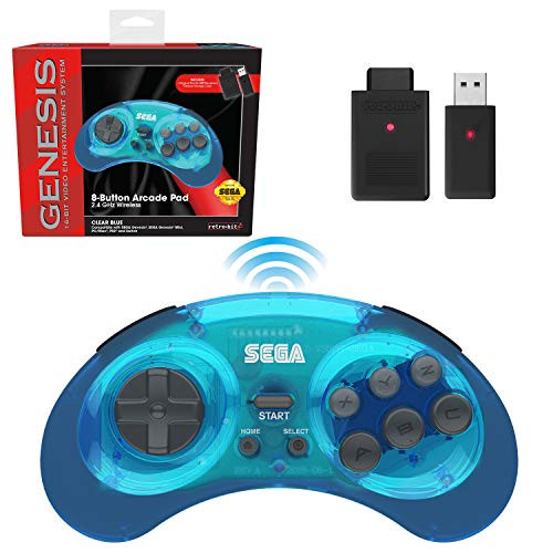 Retro-Bit Sega Genesis 2.4 GHz Wireless Controller 8-Button Arcade Pad for Sega Genesis Original/Mini, Switch, PC, Mac  Includes 2 Receivers & Storage Case - Clear Blue
