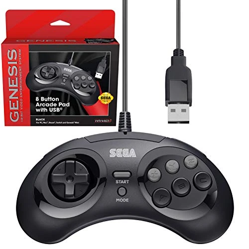 Retro-Bit Official Sega Genesis USB Controller 8-Button Arcade Pad for Sega Genesis Mini, Nintendo Switch, PC, Mac, Steam, RetroPie, Raspberry Pi - USB Port - Black
