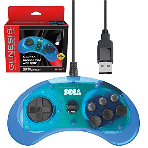 Retro-Bit Official Sega Genesis USB Controller 6-Button Arcade Pad for Sega Genesis Mini, PS3, PC, Mac, Steam, Nintendo Switch - USB Port (Clear Blue)