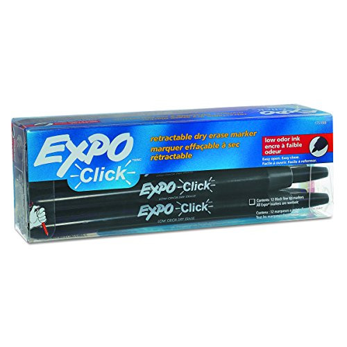 EXPO 1751669 Click Low-Odor Dry Erase Retractable Markers, Fine Point, Black, 12-Count