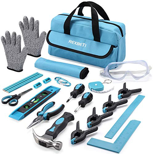REXBETI 25-Piece Kids Tool Set with Real Hand Tools, Blue Durable Storage Bag, Children Learning Tool Kit for Home DIY and Woodworking