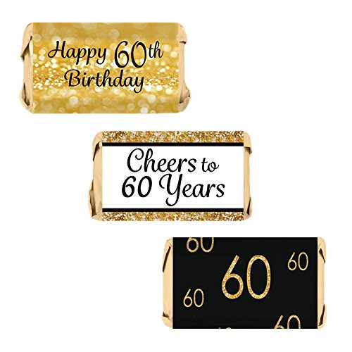 DISTINCTIVS 60th Birthday Party Miniatures Candy Bar Wrapper Stickers - Gold and Black (Set of 54)
