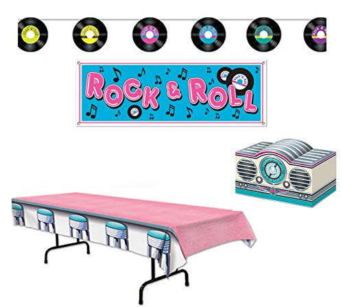 Fabulous 50's Sock Hop Party Decorations: Bundle Includes Centerpiece, Tablecover, Rock & Roll Banner, and Records Streamer