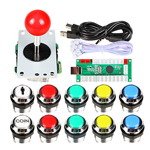 Fosiya 1 Player LED Arcade DIY Kits USB Encoder to PC Joystick + 10 x LED Chrome Arcade Buttons for PC, MAME, Raspberry Pi, Windows