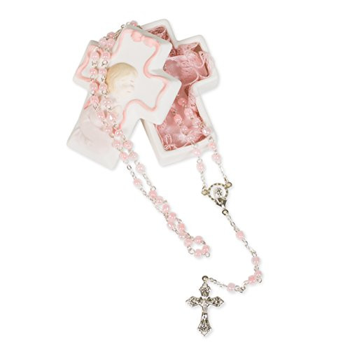 Pink Baby Girl Cross Shaped 3 x 2 inch Porcelain Keepsake Box with Rosary