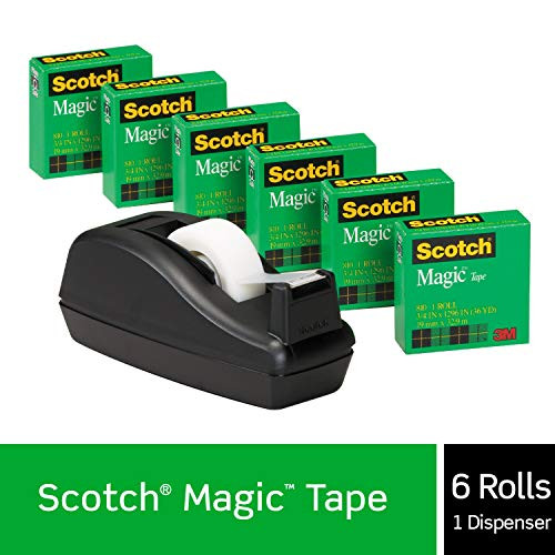Scotch Magic Tape with Black Dispenser, Numerous Applications, Engineered for Office and Home Use, 3/4 x 1000 Inches, Boxed, 6 Rolls, 1 Dispenser (810K3)