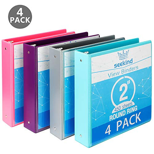 2 Inch 3 Ring Binders,SEEKIND 2'' Round-Ring View Presentation View Binders,Holds Up to 8.5"11" Paper,Customizable Clear Cover,for Home,Office,and School Supply,4 Pack
