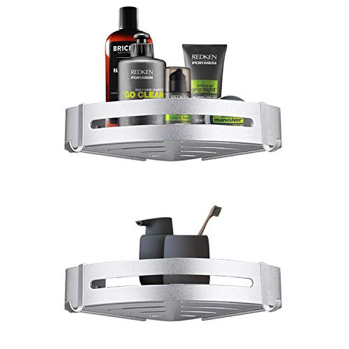 SEVENS No Drilling 2 Tiers Bathroom Shower Corner Shelf Adhesive Corner Caddy for Shower Kitchen Organizer Storage Durable Space Aluminum with 4 Removable Hooks