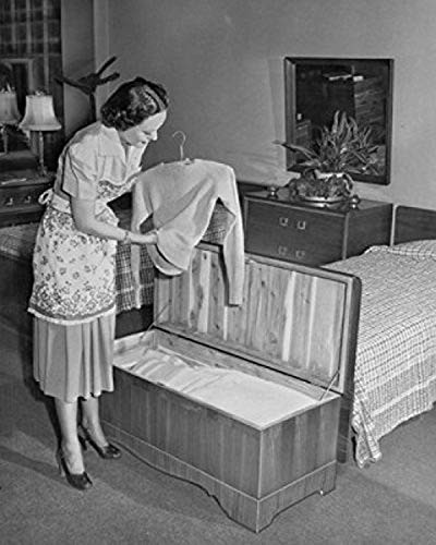 Posterazzi Side Profile of a Young Woman Putting Clothes in a Cedar Chest Poster Print, (18 x 24)