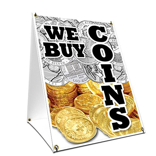 A-Frame Sidewalk We Buy Coins Vertical Sign with Graphics On Each Side | 18" X 24" Print Size