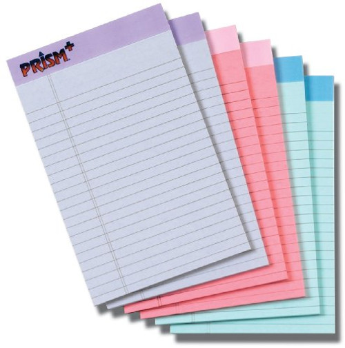 TOPS Prism Plus 100% Recycled Legal Pad, 5 x 8 Inches, Perforated, Assorted Colors: Pink, Orchid, Blue, Narrow Rule, 50 Sheets per Pad, 6 Pads per Pack, 72 Pads per Carton (63016)