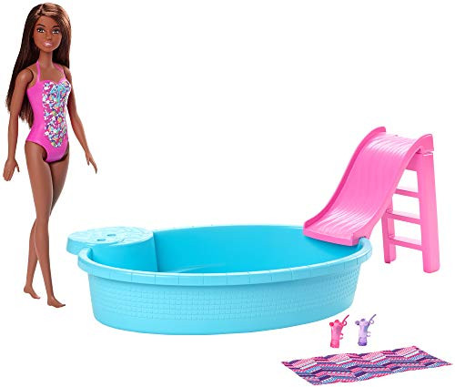 ?Barbie Doll, 11.5-Inch Brunette, and Pool Playset with Slide and Accessories, Gift for 3 to 7 Year Olds ?Barbie Doll, 11.5-Inch Brunette, and Pool Playset with Slide and Accessories, Gift for 3 to 7 Year Olds