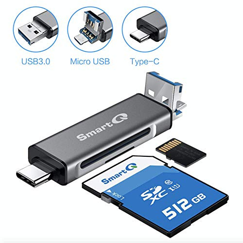 SmartQ C256 Type-C and Type A USB Memory Card Reader with USB 2.0 Super Speed for MicroSDXC, MicroSDHC, SD, SDXC, SDHC, SD Cards, Works for Windows, Mac OS X, Android Devices (Grey Trio 2.0)