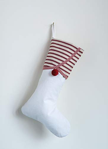Creative Co-op White Cotton Red Striped Cuff & Pom Pom Stocking, 20"