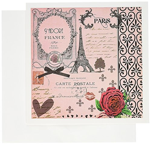3dRose Stylish Vintage Pink Paris Collage Art - Eiffel Tower - Red Rose Gothic Black Bow swirls - Greeting Cards, 6 x 6 inches, set of 6 (gc_76593_1)