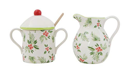 Creative Co-op Stoneware Sugar Pot with Lid, Creamer & Wood Spoon Serveware, White