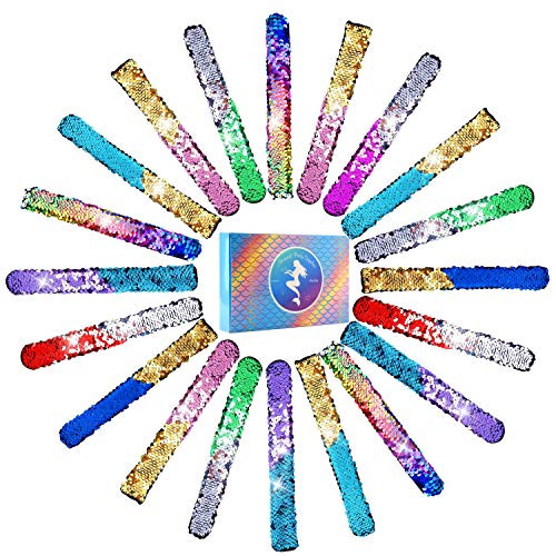 KUUQA 25 Pcs Magic Mermaid Sequin Bracelets Glitter Reversible Sequins Slap Bracelets Wristbands for Kids Little Mermaid Birthday Party Favors Suppiles Goodie Bags Filler (Random Colors)