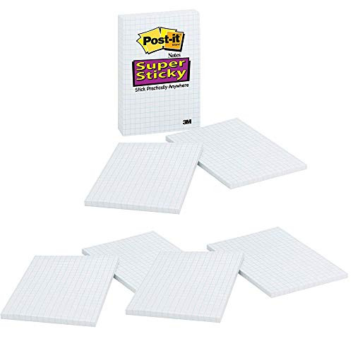 Super Sticky Notes, 2X Sticking Power, 4 in x 6 in, White with Blue Grid, 6 Pads/Pack, 50 Sheets/Pad (4621-2SSGRID)