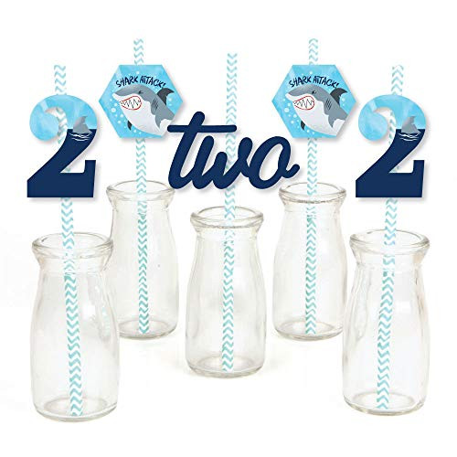 Big Dot of Happiness 2nd Birthday Shark Zone - Paper Straw Decor - Jawsome Shark Second Birthday Party Striped Decorative Straws - Set of 24 Big Dot of Happiness 2nd Birthday Shark Zone - Paper Straw Decor - Jawsome Shark Second Birthday Party Striped Decorative Straws - Set of 24