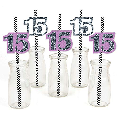 Quinceanera Purple - Sweet 15 - Paper Straw Decor - Birthday Party Striped Decorative Straws - Set of 24 Quinceanera Purple - Sweet 15 - Paper Straw Decor - Birthday Party Striped Decorative Straws - Set of 24