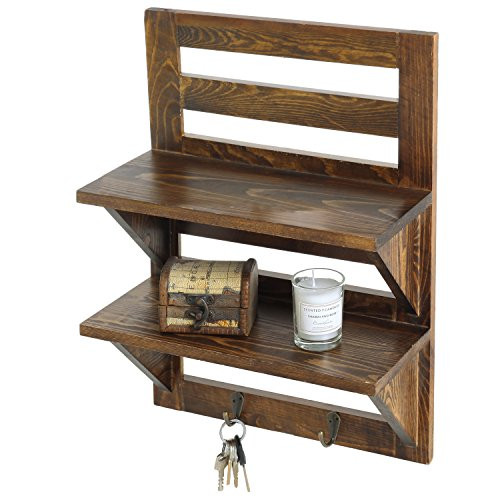MyGift Wall Mounted Dark Brown Wood 2-Tier Floating Shelf Rack with 2 Key Hooks